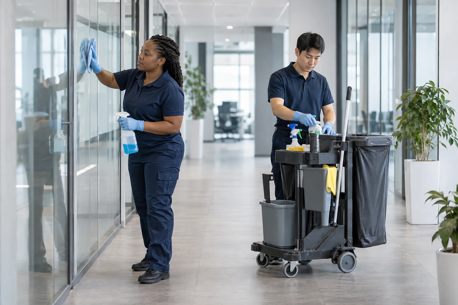 Two cleaning professionals working in a bright modern office